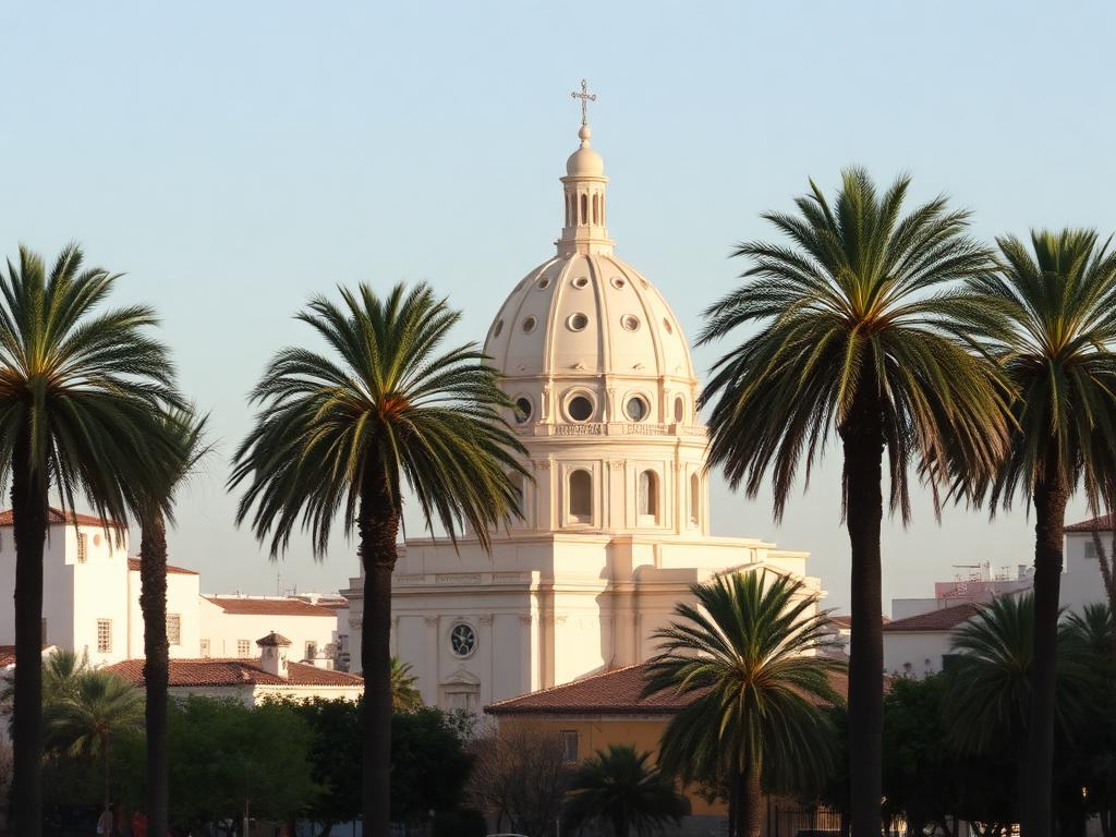 Cúpula de la basílica de Santa María de Elche entre palmeras
