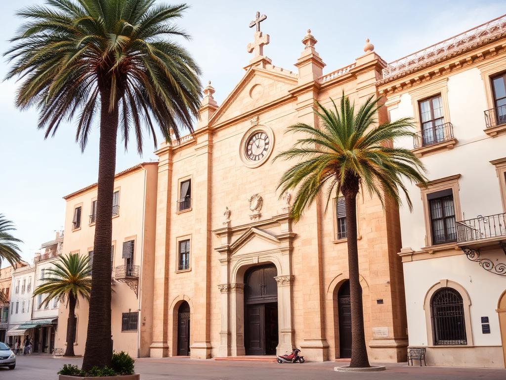 Fachada de piedra de un edificio histórico de Orihuela con palmeras
